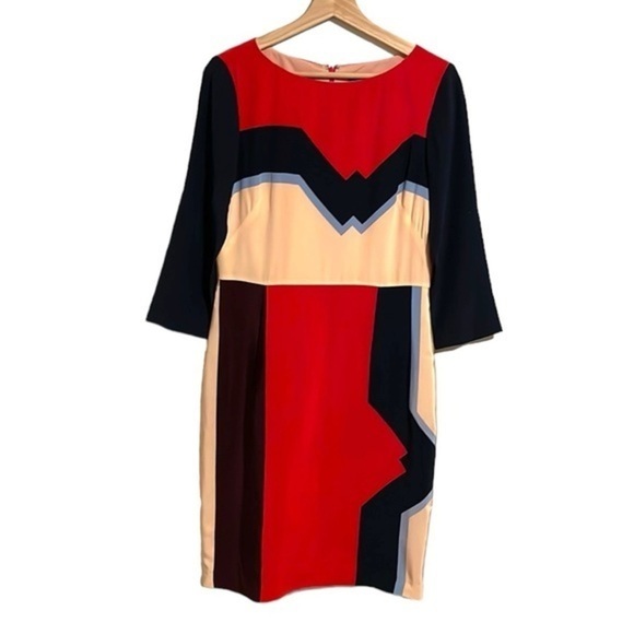 Tibi Colorblock Silk Sheath‎ Mini Dress Women’s Size 6 Long Sleeve Red Navy - Picture 2 of 8